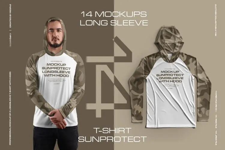 14 Men’s Mockups Long Sleeve T-Shir 14款男模特上衣长袖连帽T恤速干防晒卫衣服装设计ps样机素材模板