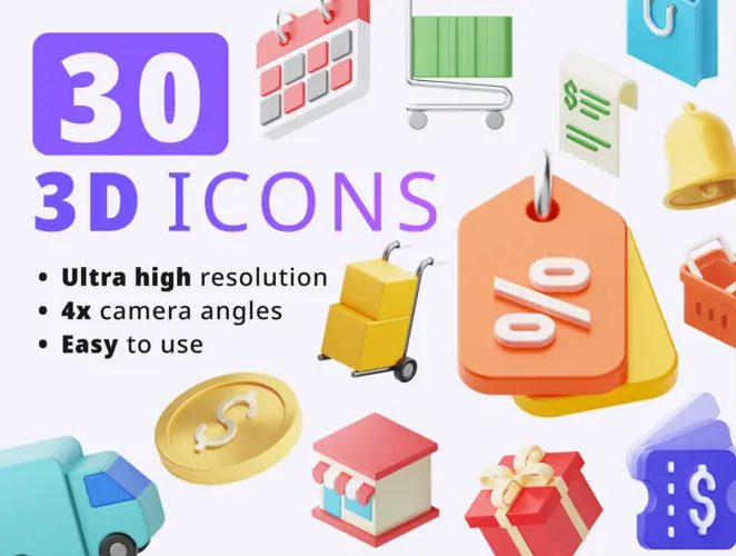 30 E-commerce 3D icon set 120款3D趣味卡通电商金融购物插图插画icon图标webp免抠图片素材