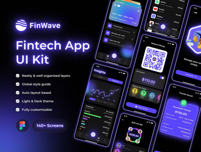 FinWave – Fintech App UI Kit 时尚未来科技金融理财移动支付数字钱包App应用ui界面fig设计模板