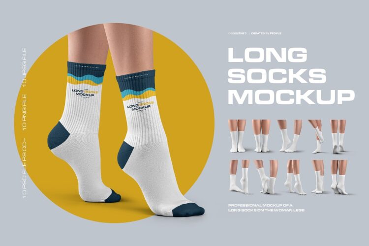 Mockups Long Socks on the Woman Legs 10款女模特长筒运动弹力中筒袜子设计ps样机素材脚模展示效果图