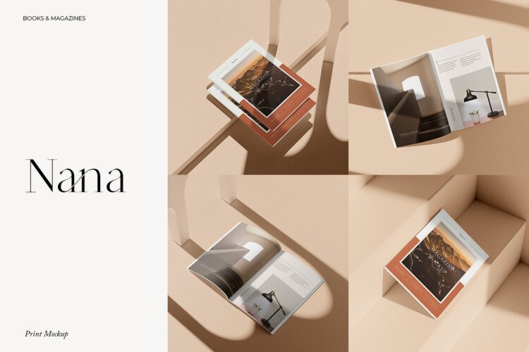 Nana – A4 Magazine Mockup 10款文艺窗格光影A4杂志画册封面排版设计ps样机素材展示效果图