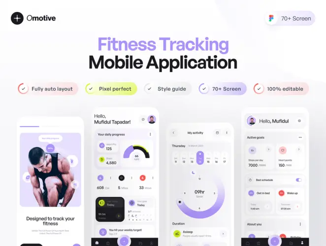 Omofit- Fitness tracking app 时尚简约运动健身训练任务计划数据分析App应用ui界面设计模板