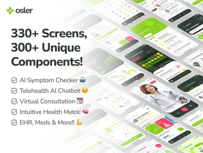 osler UI Kit AI Telehealth & Telemedicine App 330屏人工智能Ai机器人远程医疗应用用户界面app设计ui套件明暗模板