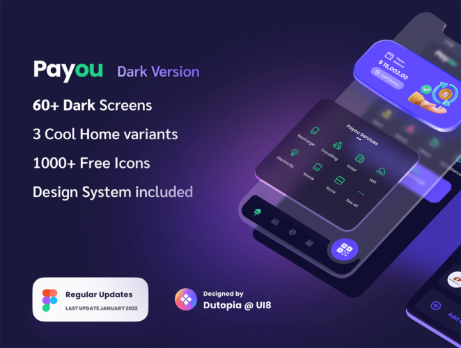 Payou digital wallet app Dark UI kit  60屏银行金融数字钱包电子支付用户界面app设计深色UI套件模板