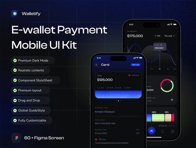 Walletify – E-wallet Payment Mobile UI Kit 深色时尚金融移动电子钱包数字交易支付App应用ui界面figma模板