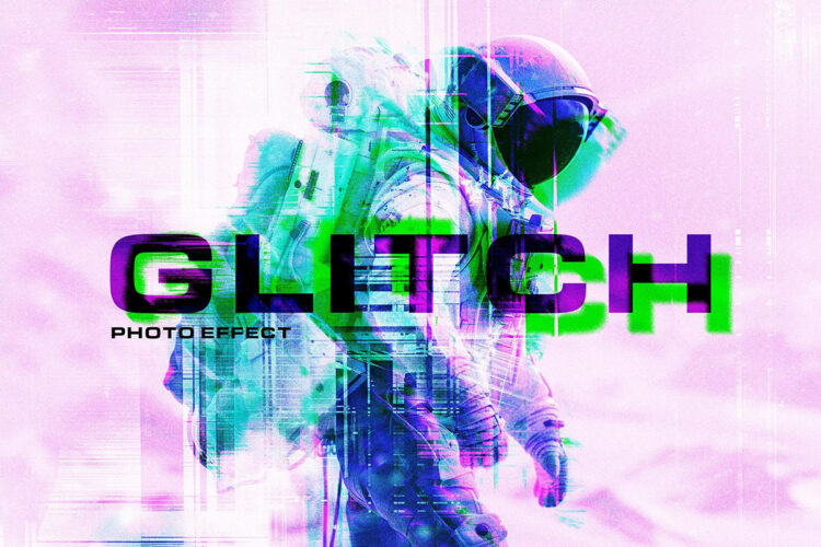 Distort Glitch Photo Effect 潮流未来科幻赛博朋克扭曲错位故障风图像照片滤镜ps样机特效模板