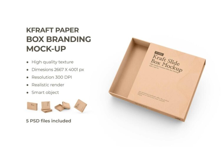 Kraft Paper Slide Box PSD Mockup 5款零售产品包装牛皮纸盒模型品牌logo标识设计贴图ps样机素材模板