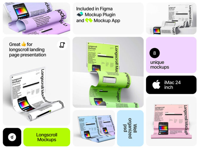 iMac 24 inch Longscroll Mockups 8款3D立体iMac显示器长页面网页UI设计作品展示效果图ps样机模板