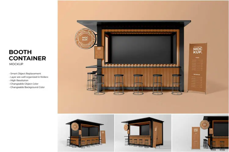 Booth Container Mockup 咖啡饮料餐厅店铺展位集装箱模型展示设计贴图ps样机素材