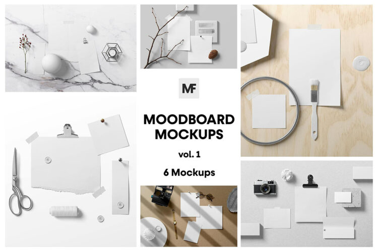 Moodboard Scenes Mockups vol.1  6款撕纸卡片纸张照片情绪版场景模型作品展示设计贴图psd样机素材模板