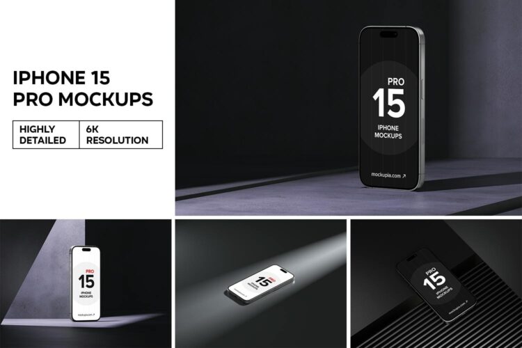 iPhone 15 Mockup 7款工业风极简iPhone 15手机App应用ui界面设计ps样机展示效果图