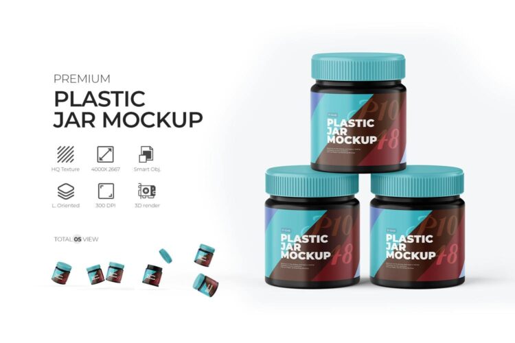 Pet Plastic Container Jar Mockup For Branding 5款花生酱果酱塑料容器罐模型品牌包装设计贴图ps样机素材