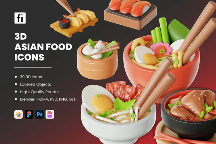3D Asian Culinary Icon Set 30款3D卡通亚洲中国美食小吃寿司天妇罗炒面饺子泡菜icon图标素材