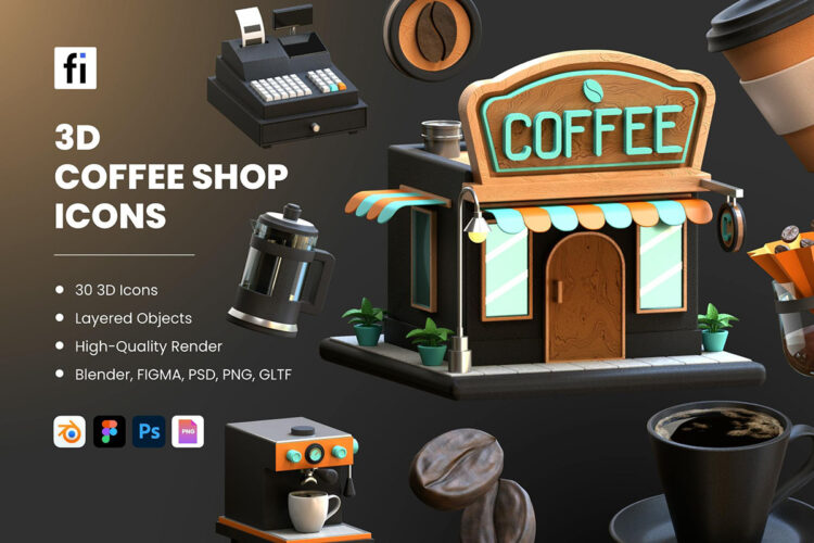 3D Café Icon Set  30款咖啡店咖啡制作工具营销展示3D图标icon设计素材png免抠图片