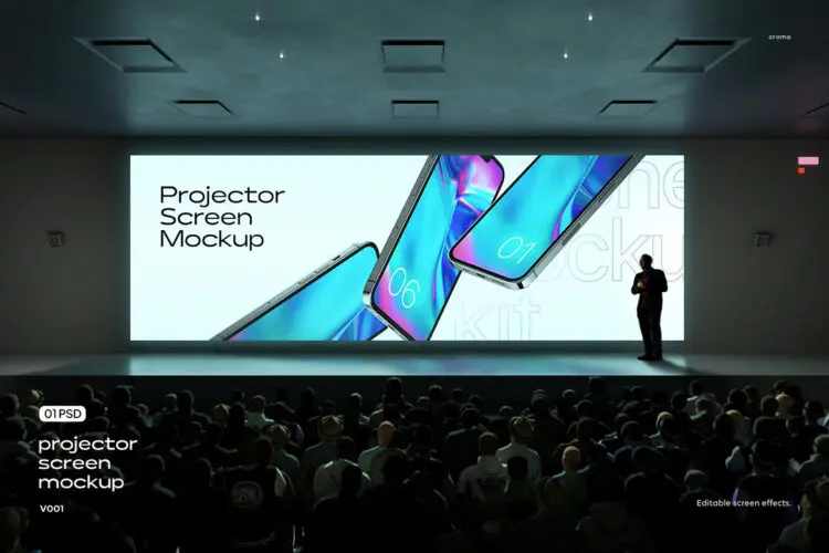 Projector Screen Mockup 现场发布会舞台投影巨型荧幕屏幕模型展示设计贴图ps样机素材模板