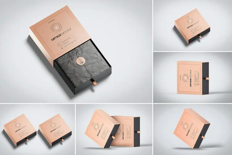 Gift Box Mockup 6款抽拉式礼品礼物纸盒模型品牌logo标识设计贴图ps样机素材模板