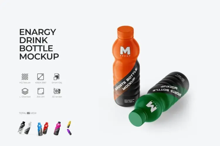 Sports Energy Drink Bottle PSD Mockup 5款运动能量饮料瓶模型瓶身包装设计贴图ps样机素材模板