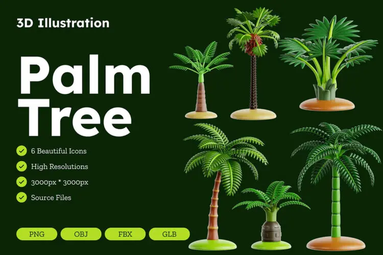 Palm Tree 3D Icon Set  12款3D棕榈树热带植物树叶绿植PNG免扣插画插图