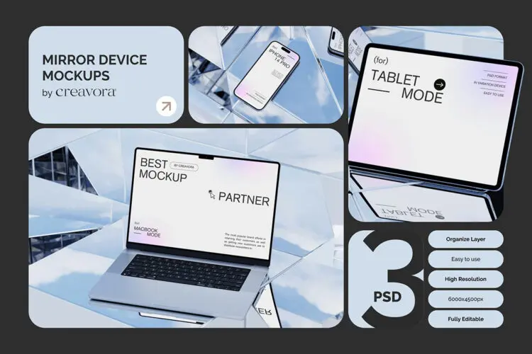 Sky Mirror Device Mockups 3款创意天空之镜Macbook笔记本电脑IPhone手机IPad平板屏幕UI设计展示PSD样机