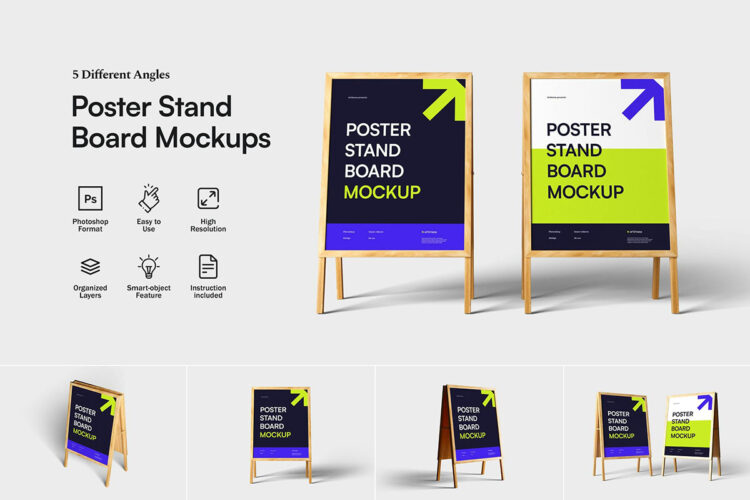 Poster Stand Board Mockups 5款极简海报A型广告牌地面立牌PSD样机