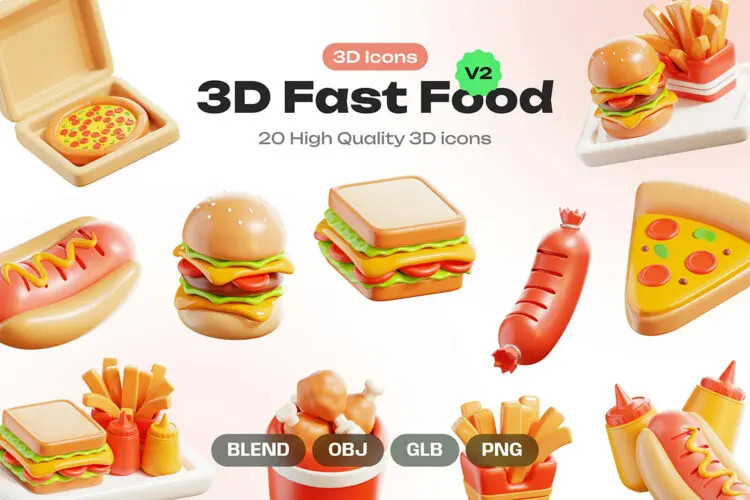 Fast Food 3D Icons Vol. 2 20款3D立体趣味卡通汉堡披萨三明治薯条快餐食品icon图标PNG插画插图Blender模型