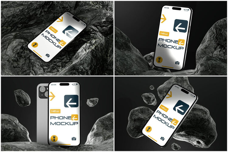 iPhone Mockup on Dark Asteroid Theme 4款苹果手机模型岩石块场景展示设计贴图psd样机素材