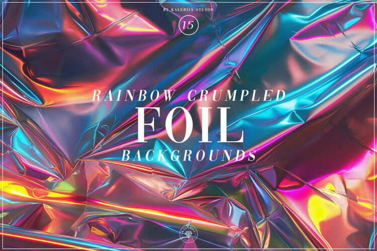 Rainbow Crumpled Foil Backgrounds 15款彩虹色褶皱折痕铝箔无缝背景图片设计素材