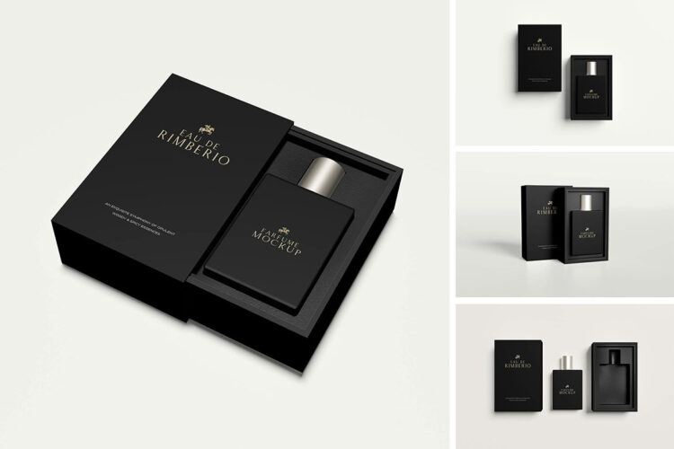 Parfume Bottle With Box Mockup 4款极简高档香水玻璃瓶纸盒礼品盒包装盒抽屉盒PSD包装设计展示样机