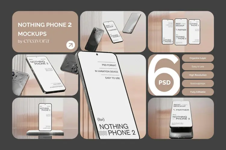 Nothing Phone 2 Mockups 6款现代极简玻璃艺术Phone手机UI笔记本电脑IPad平板屏幕界面设计展示PSD样机