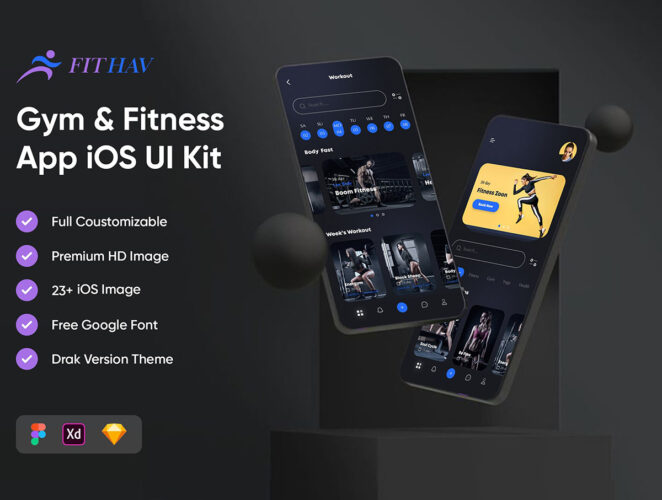 Gym & Fitness App iOS UI Kit 健身房运动健身锻炼ui界面App应用程序开发设计素材模板源文件