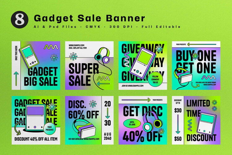 Purple Flat Design Gadget Banner Sale 8款潮流时尚科技数码电商促销折扣banner头图广告排版设计模板