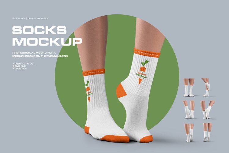 7 Mockups Medium Socks 7款女模特全棉运动弹力中筒袜子设计ps样机素材脚模展示效果图