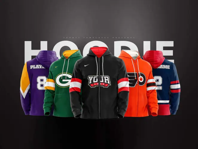 Hoodie/Jumper Apparel Sports Mockup PSD template 5款3D长袖上衣连帽运动拉链卫衣服装设计ps样机素材展示效果图