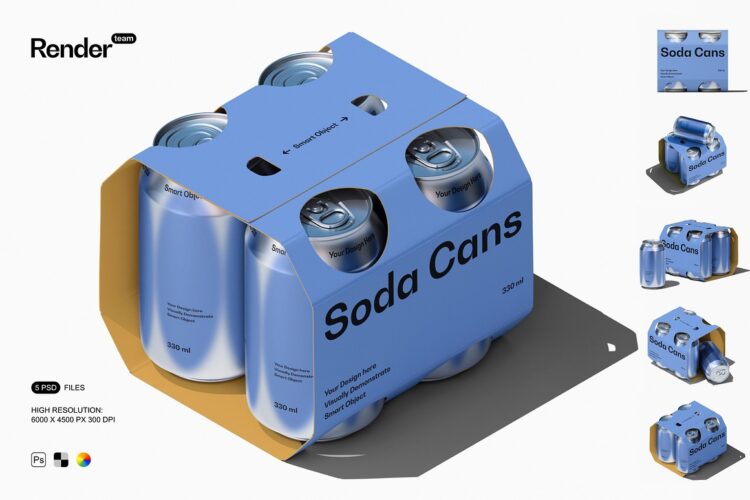 Soda / Beer Packaging Mockup 5款听装啤酒饮料苏打水易拉罐组合包装设计ps样机素材展示效果图