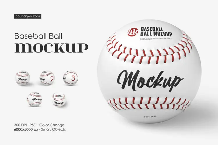 Baseball Ball Mockup Set 逼真棒球模型球身logo标识签名设计贴图ps样机素材