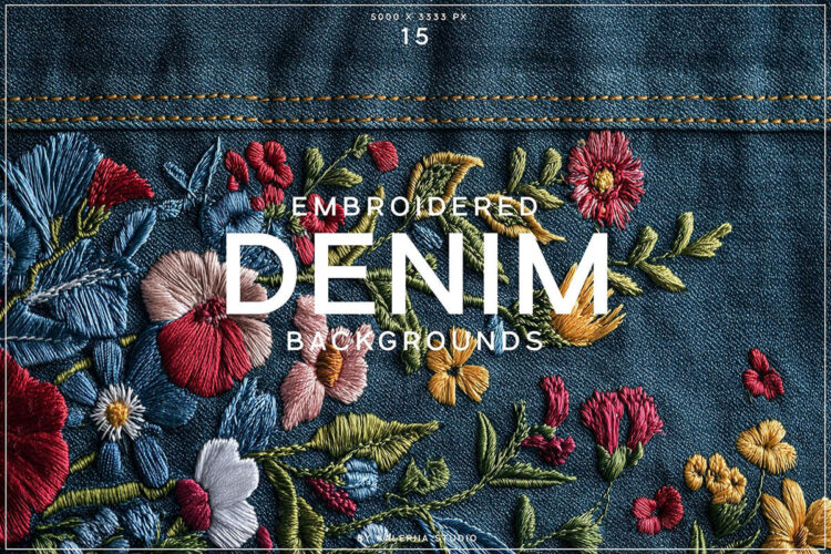 Embroidered Denim Backgrounds 15款立体刺绣花朵花卉牛仔布料背景纹理肌理图片