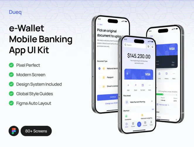 Dueq – Mobile Banking App UI Kit 80屏手机银行金融理财管理用户界面app设计ui套件模板
