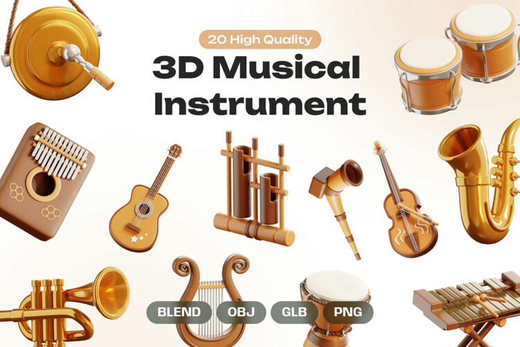 Music Instrumental 3D Icons 20款音乐教学工作室乐器主题3D图标icon设计素材