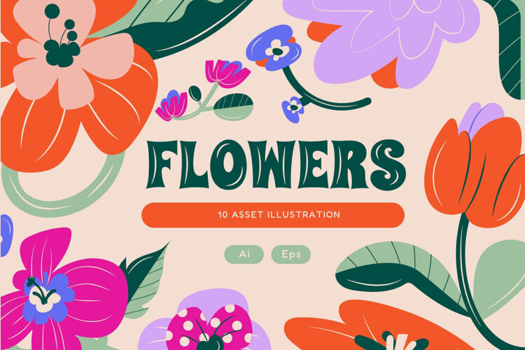 Cream Flat Design Flowers Illustration Set 手绘花朵植物剪切画图案设计图片Ai矢量素材