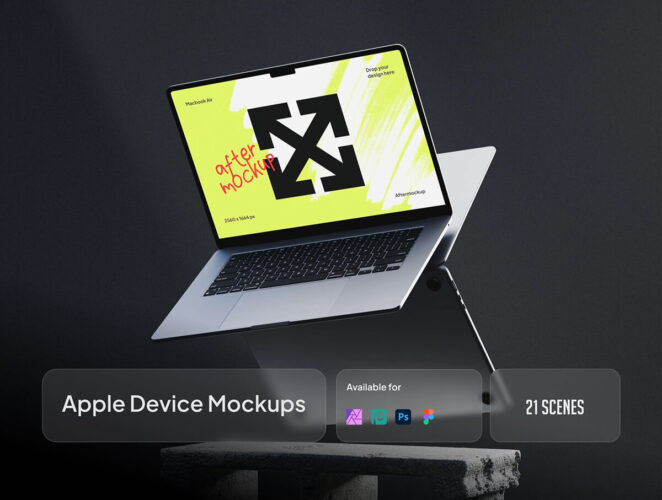 Apple Device Mockups Yunda 21款黑化风苹果iphone手机macbook电脑ipad平板贴图样机ps/figma/affinty photo模板素材