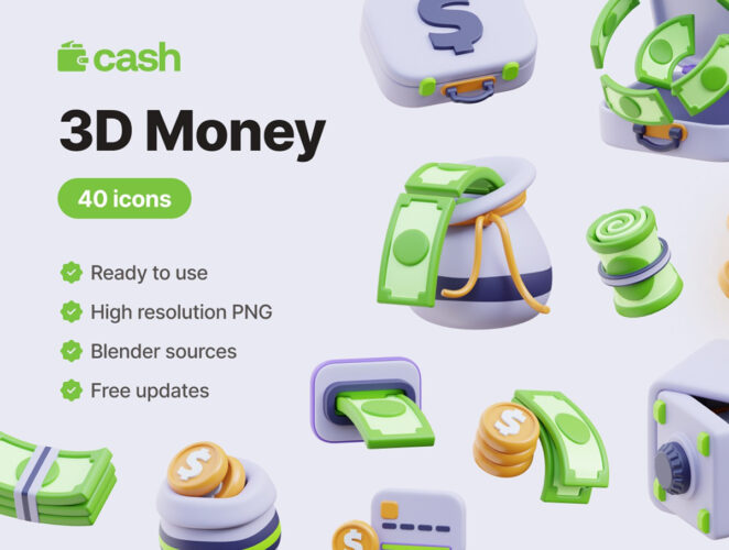 Cash – Money 3D Icons 40款金融货币交易美金纸币钱袋硬币插图插画png免抠3D图标素材