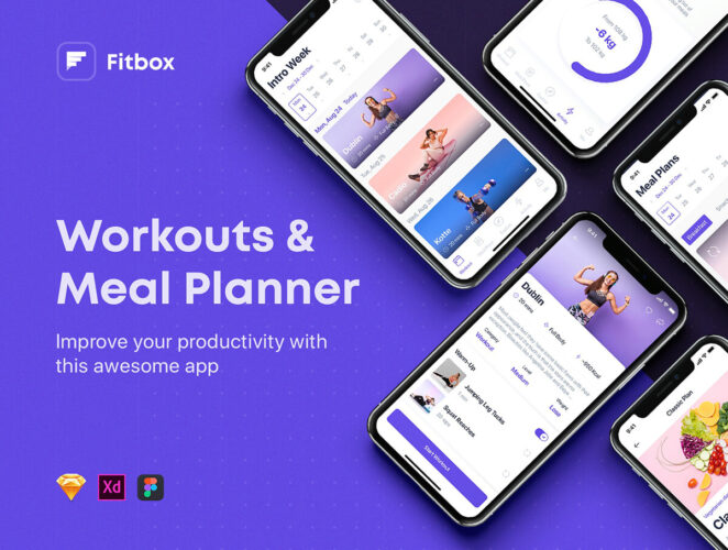 Fitbox – Workouts _ Meal Planner UI Kit 39屏锻炼减肥膳食计划移动UI套件_健身运动手机app界面设计