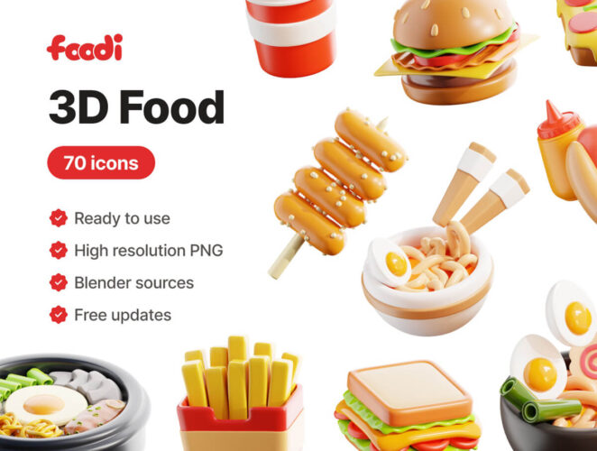 Foodi – 3D Food Icons 70款3D立体趣味餐厅美食披萨汉堡快餐寿司Blender卡通插图插画设计素材