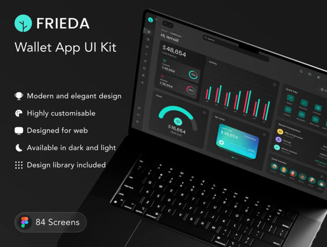 Freida UI Kit 84屏银行金融数字钱包电子支付用户界面Web仪表板设计深色UI套件模板