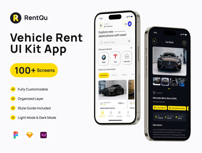 RentQu – Car Rental UI Kit App 100多屏国外豪华跑车汽车二手车租赁交易移动平台手机app用户界面设计ui套件模板