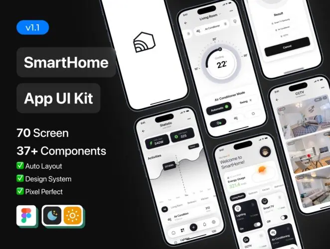 SmartHome – App UI Kit  70屏智能家居操控移动应用app用户界面设计ui套件模板