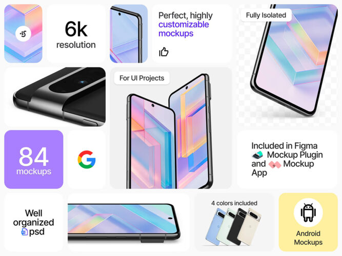 Google Pixel 8 Pro Mockups 21款谷歌Pixel 8 Pro安卓手机UI界面设计作品贴图ps样机素材展示效果图