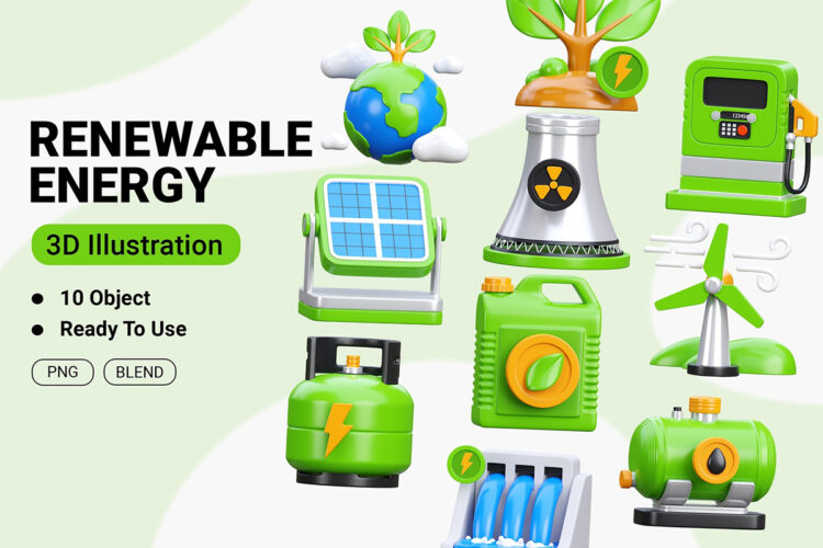 Renewable Energy 3D Icon 40款3D立体环境保护资源循环利用回收垃圾分类清洁新能源环保icon图标PNG插画插图Blender模型