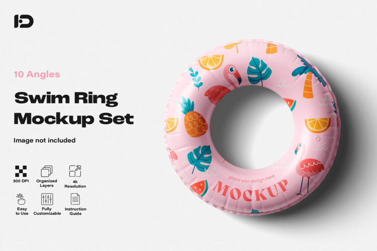 Swim Ring Mockup Set 10款充气儿童游泳浮力救生圈印花图案设计ps样机素材展示效果图