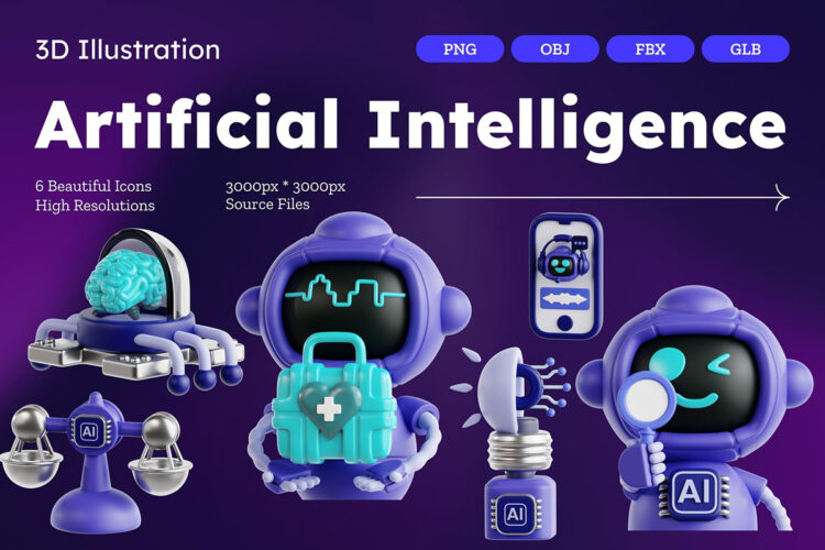 Artificial Intelligence 3D Icon Set 24款3D立体趣味卡通AI人工智能芯片算法科技未来机器人icon图标PNG插画插图OBJ模型